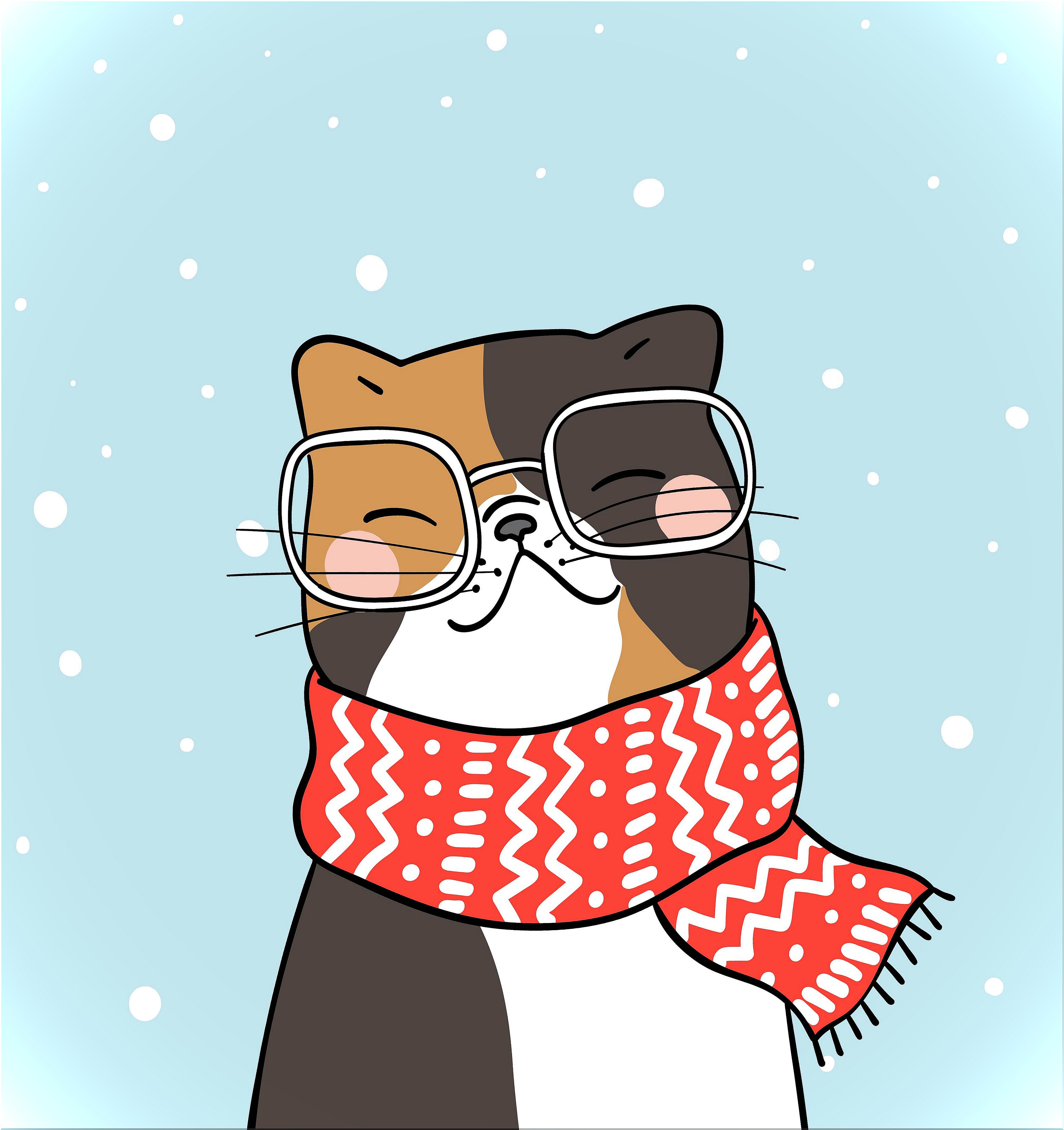 Cat with glasses and scarf under the snow.