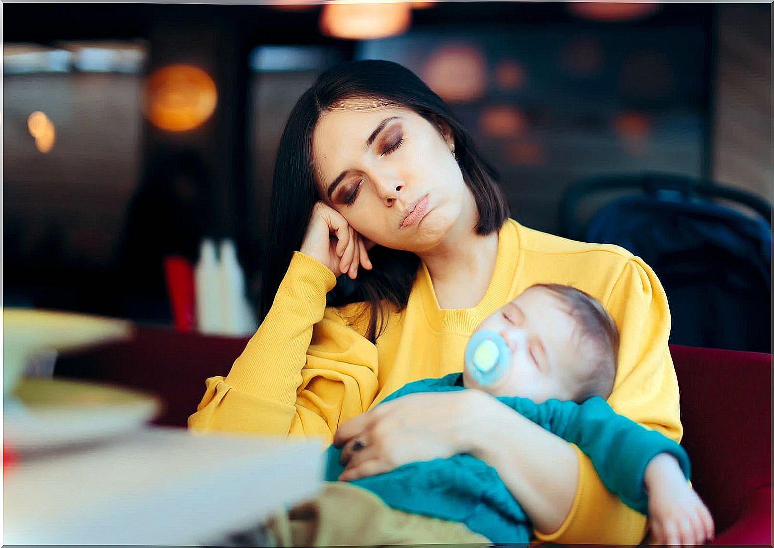 Tired mother with parental burnout.