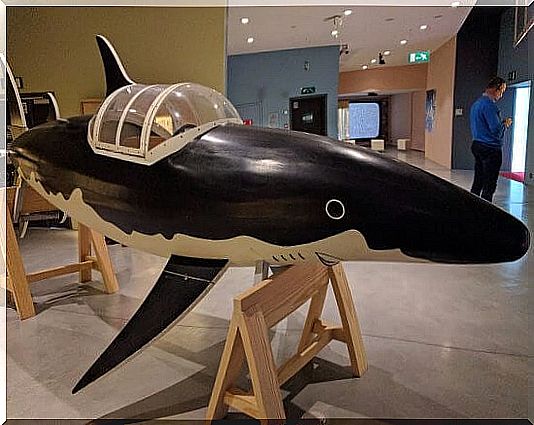 The shark-submarine in one of the rooms of the Hergé Museum.