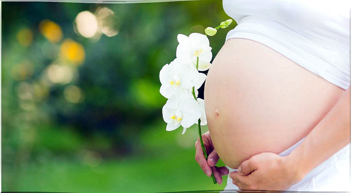 Tummy of pregnant woman with flowers